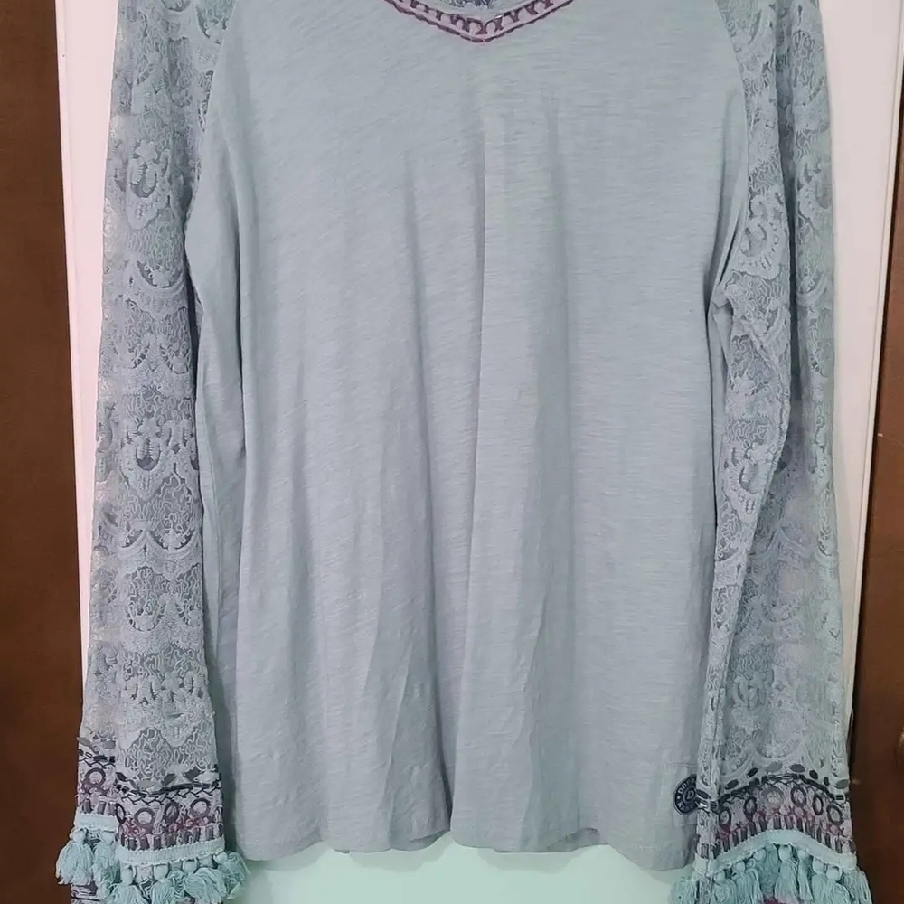 Double D Ranch Lace Sleeve Top - Light Blue and Purple